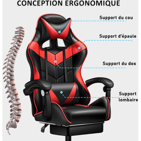 Chaise De Gaming Ergonomique – Dossier Inclinable 135°, Repose-pieds Rétractable – Tissu Velours, Support 150 Kg – Rouge - 11
