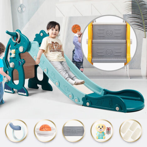 Toboggan Antidérapant pour enfant - avec panier de basket - Jeu d'anneaux- Dès 2 Ans - Dinosaure Vert (1/5)