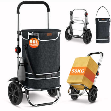 Magicfox – Chariot de courses 56L – 2 en 1 diable caddie pliable – Cadre aluminium – Sac isotherme amovible – Charge max 50kg – Noir