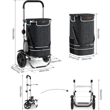 Chariot de Courses Noir Caddie de Course Pliable avec Compartiment