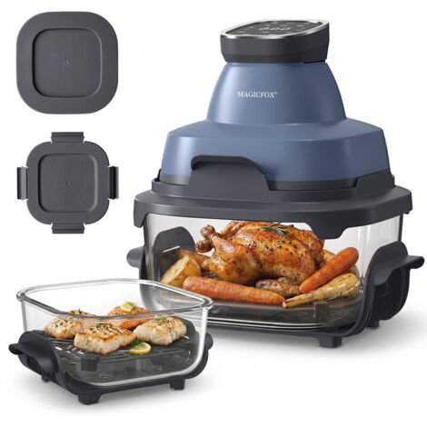 Friteuse sans huile MAGICFOX - Récipients 1,7 et 4 L avec Couvercles- 6 programmes préréglés - Air fryer en verre 1500W - Bleu