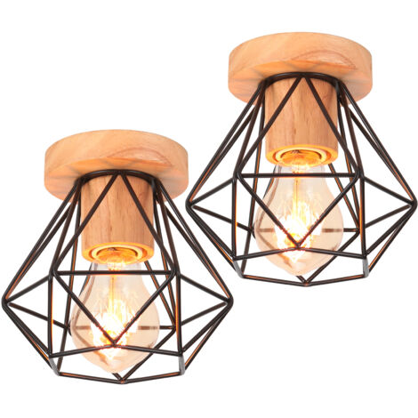 Plafoniera industriale in legno e metallo, 15 cm, nera, lampada da soffitto vintage a gabbia di diamanti, attacco E27, per soggiorno, camera da letto, bar (2 pezzi)