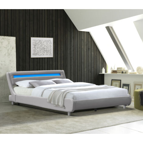 Lit 140x200 - Sommier + Tête de Lit Incurvee + Pieds de 5 cm - 13 Lattes - Revêtement PVC Simili - Montage Rapide et Facile - Lit Gina Gris (1/5)