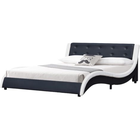 Lit mathis pour matelas 140x190 - Sommier + Tête de Lit Couleur BLANC & NOIR + Pieds en 5 cm pour matelas - 2 x 13 Lattes - revetement PVC Simili facile d'entretien - Montage Rapide et Facile (1/4)