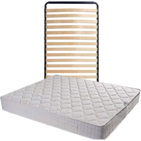 Ensemble Matelas Tissu Ignifuge + Sommier Démonté + Pieds + Oreiller Mémoire + Protège Ensemble Matelas Offerts - Hauteur 25 cm - Confort Ferme - Mousse Extrêmement Durable embourrage 100 % polesther (1/5)