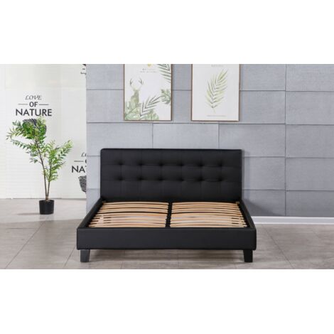 Lit 140x190 cm Solide et Confortable - Tête de Lit Capitonnée NOIR - Pieds 10 cm - 13 Lattes - Revêtement PVC Simili Facile d'entretien - Montage Rapide et Facile - LIT FREDERIC NOIR (1/4)