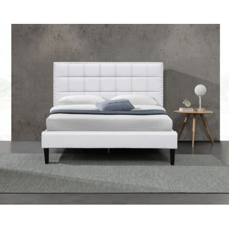 Lit 140x200 - Sommier + Tête de Lit Capitonnée Blanc - Pieds de 16 cm - 13 Lattes - Revêtement PVC Simili Facile Entretien - Montage Rapide - Confort Optimal - Lit Riley Blanc (1/2)