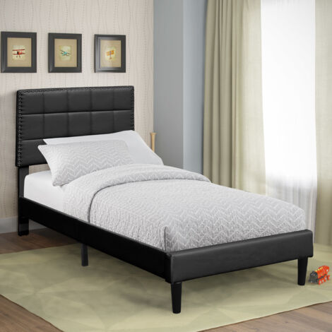Lit riley pour matelas 90x200 - Sommier + Tête de Lit Capitonnee Couleur NOIR + Pieds en 16 cm pour matelas - 13 Lattes - revetement PVC Simili facile d'entretien - Montage Rapide et Facile (1/3)