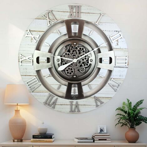 THE GEARS CLOCK Wanduhr mit echten beweglichen Zahnraedern - England Collection - 36" Rund - Desert - Beige (1/5)