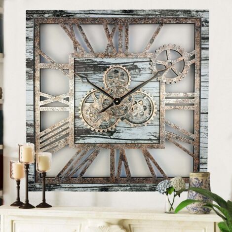 THE GEARS CLOCK Wanduhr mit echten beweglichen Zahnraedern - America Collection - 24" Quadratisch - Grey - White (1/5)