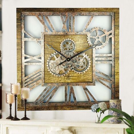 THE GEARS CLOCK Wanduhr mit echten beweglichen Zahnraedern - America Collection - 24" Quadratisch - Gold - Antique (1/5)