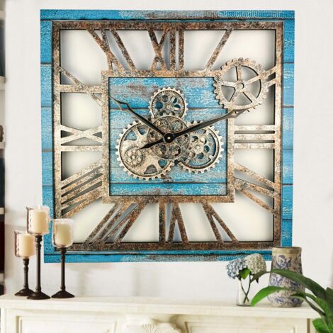 THE GEARS CLOCK Wanduhr mit echten beweglichen Zahnraedern - America Collection - 24" Quadratisch - Ocean - Blue (1/5)