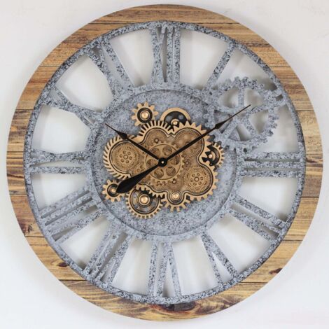 THE GEARS CLOCK Wanduhr mit echten beweglichen Zahnraedern - America Collection - 36" Rund - Wood - Stone