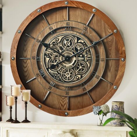 THE GEARS CLOCK Wanduhr mit echten beweglichen Zahnraedern - France Collection - 32" Rund - VINTAGE - BROWN