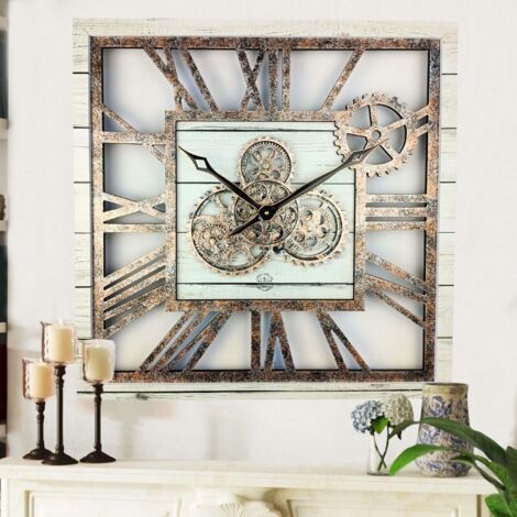 THE GEARS CLOCK Wanduhr mit echten beweglichen Zahnraedern - America Collection - 24" Quadratisch - White - Farmhouse (1/5)