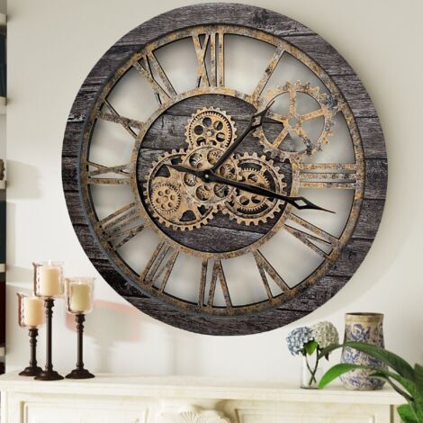 THE GEARS CLOCK Wanduhr mit echten beweglichen Zahnraedern - America Collection - 24" Rund - Carbon - Grey