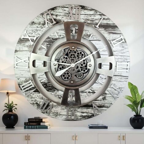 THE GEARS CLOCK Wanduhr mit echten beweglichen Zahnraedern - England Collection - 36" Rund - Grey - White (1/5)