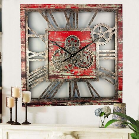 THE GEARS CLOCK Wanduhr mit echten beweglichen Zahnraedern - America Collection - 24" Quadratisch - Red - Lava