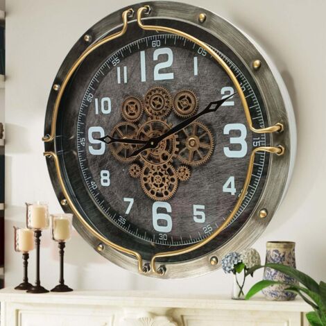 THE GEARS CLOCK Wanduhr mit echten beweglichen Zahnraedern - Luxembourg Collection - 24" Rund - SILVER - GREY