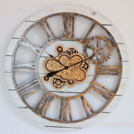 THE GEARS CLOCK Wanduhr mit echten beweglichen Zahnraedern - America Collection - 36" Rund - White - Farmhouse (1/5)