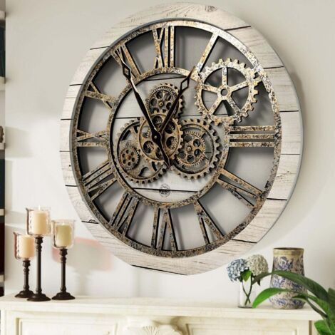 THE GEARS CLOCK Wanduhr mit echten beweglichen Zahnraedern - America Collection - 24" Rund - White - Farmhouse
