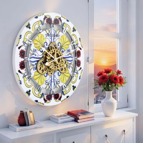 THE GEARS CLOCK Wanduhr mit echten beweglichen Zahnraedern - Italy Collection - 36" Rund - Positano (1/5)