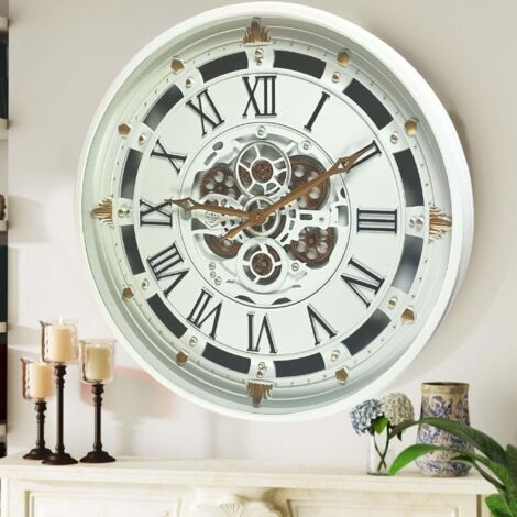 THE GEARS CLOCK Wanduhr mit echten beweglichen Zahnraedern - Belgium Collection - 26" Rund - White