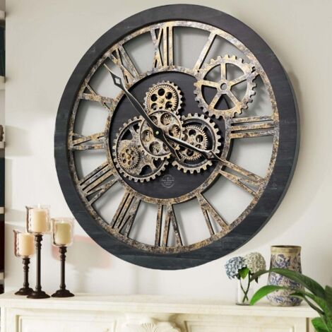THE GEARS CLOCK Wanduhr mit echten beweglichen Zahnraedern - America Collection - 24" Rund - Vintage - Black