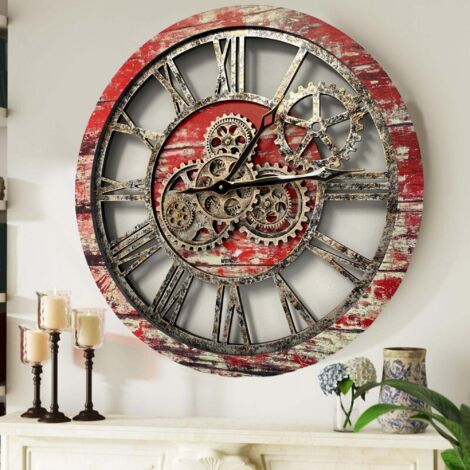 THE GEARS CLOCK Wanduhr mit echten beweglichen Zahnraedern - America Collection - 24" Rund - Red - Lava (1/5)