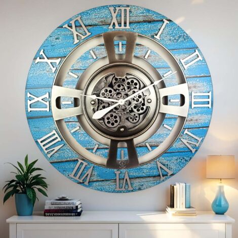 THE GEARS CLOCK Wanduhr mit echten beweglichen Zahnraedern - England Collection - 36" Rund - Ocean - Blue (1/5)