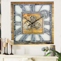 THE GEARS CLOCK Wanduhr mit echten beweglichen Zahnraedern - America Collection - 24" Quadratisch - Wood - Stone