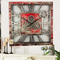 THE GEARS CLOCK Wanduhr mit echten beweglichen Zahnraedern - America Collection - 24" Quadratisch - Red - Lava
