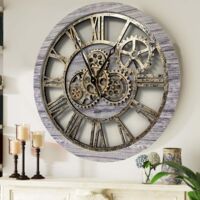 THE GEARS CLOCK Wanduhr mit echten beweglichen Zahnraedern - America Collection - 24" Rund - Silver - Grey