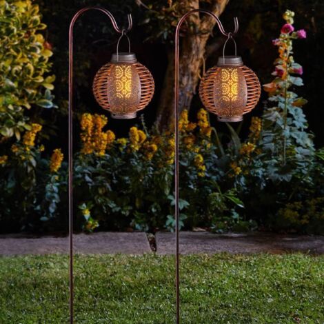 Lanterne solaire suspendue effet flamme – Pied en métal cuivré – 6 LEDs – Autonome avec recharge solaire – Lot de 2 – Dimensions 15x15cm – Unbekannt (1/3)