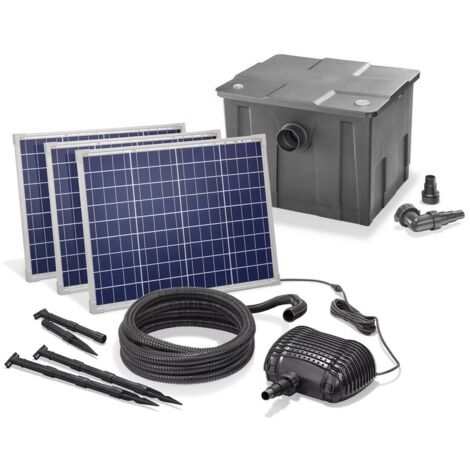 Kit pompe solaire bassin gros débit 5000L-150W – Filtration mécanique et biologique – Pour cascades et animations d'eau autonomes