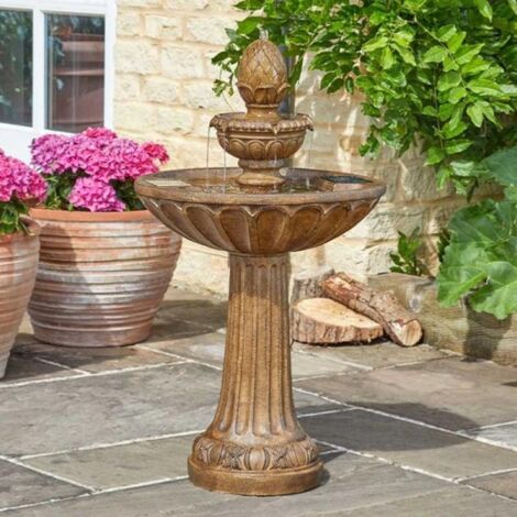 Fontaine solaire bain d'oiseau 3 niveaux – Résine finition pierre – Hauteur 84cm – Largeur 48cm – Autonome, sans batterie, fonctionnement solaire – Smart Garden (1/4)