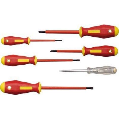 Coffret de 6 tournevis isolés pour électriciens (1000 V) avec testeur KL390IS, comprenant 2 tournevis cruciformes PH, 4 tournevis plats (1/3)