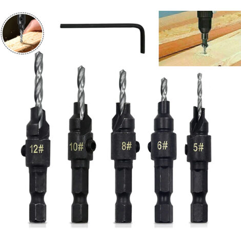 Rnemitery – Set de 5 forets à chanfreiner en acier 47# – Pour perçage précis dans bois dur – Compatible avec mandrins standard (1/5)