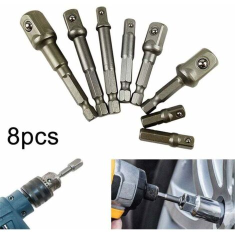 8 PCS Adaptateurs Porte Douilles perceuse/visseuse à Choc,perceuse à Percussion Queue hexagonale Jeu de Barres 1/4" 3/8" 1/2" (1/5)