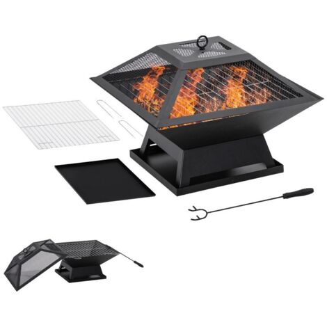 Brasero en acier inoxydable, 45 x 45 x 34 cm, avec pare-étincelles et tisonnier, pour jardin, balcon, barbecue, camping, noir