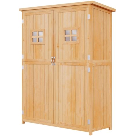 Abri de Jardin en bois Armoire de Jardin dim. 127,5L x 50l x 164H cm 2 étagères 2 Portes 2 fenêtres Toit bitumé étanche Bois Massif Sapin pré-huilé bois naturel