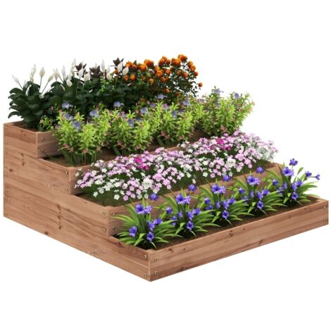 Jardinière surélevée d'extérieur à 4 niveaux, avec fond ouvert et doublure en tissu, en bois de sapin, idéale pour les plantes, les fleurs et les légumes. Dimensions : 113 x 113 x 46 cm, couleur café