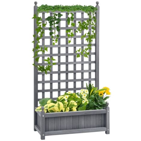 Jardinière surélevée avec treillis, bac à fleurs, jardinière pour plantes grimpantes, arche pour rosiers avec support pour plantes grimpantes, bois de jardin, gris, 64 x 28 x 120 cm (1/3)