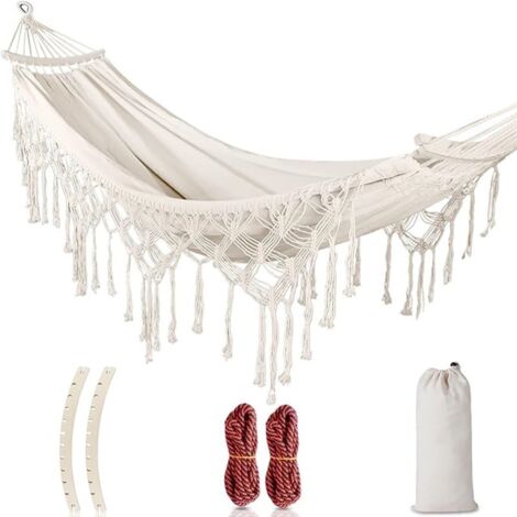 hamac pour adulte exterieur et interieur anti basculement pour une personne renforce couleur blanc avec franges batte de 40 cm cordes de fixation et sac de rangement (1/2)