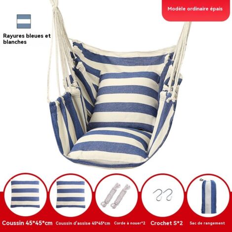 fauteuil hamac suspendu exterieur pour jardin rayures bleu et blanc epais avec coussin dossier et sac de rangement (1/4)