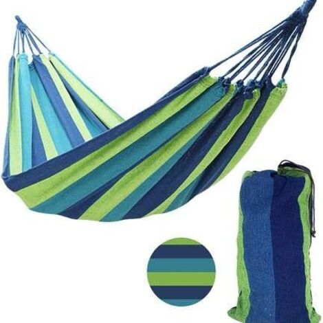 hamac en toile exterieur pour une ou deux personnes rayures multicolores batten courbe en polyester et coton anti basculement avec sac de rangement et deux cordes epaisses (1/2)