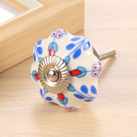 poignée de meuble en céramique style européen et américain design floral bleu et rouge pour tiroir et porte ronde lot de 2 (1/3)