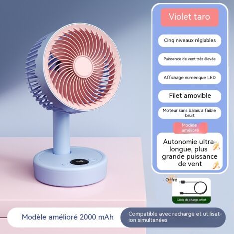 ventilateur de bureau nouveau modèle silencieux pour dortoir étudiant petit ventilateur portable rechargeable par usb avec fonction de balancement couleur violet taro batterie 2000 mAh longue autonomi (1/4)