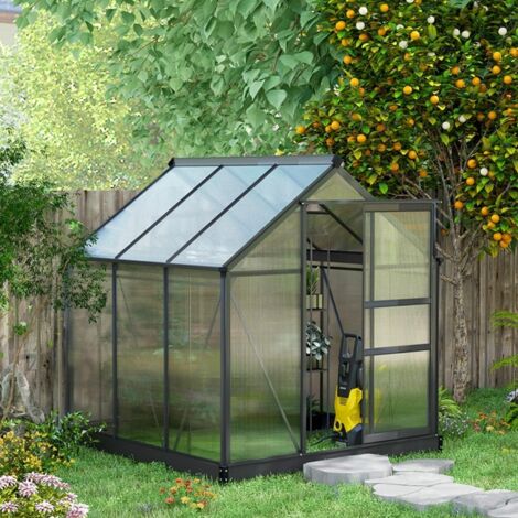 Serre de jardin polycarbonate 3,65m² 190 x 192 x 201 cm résistant aux UV fondation renforcé gouttière Gris