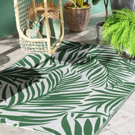 Tapis d'extérieur réversible et résistant aux intempéries, motif feuilles, 152 x 243 cm, vert foncé